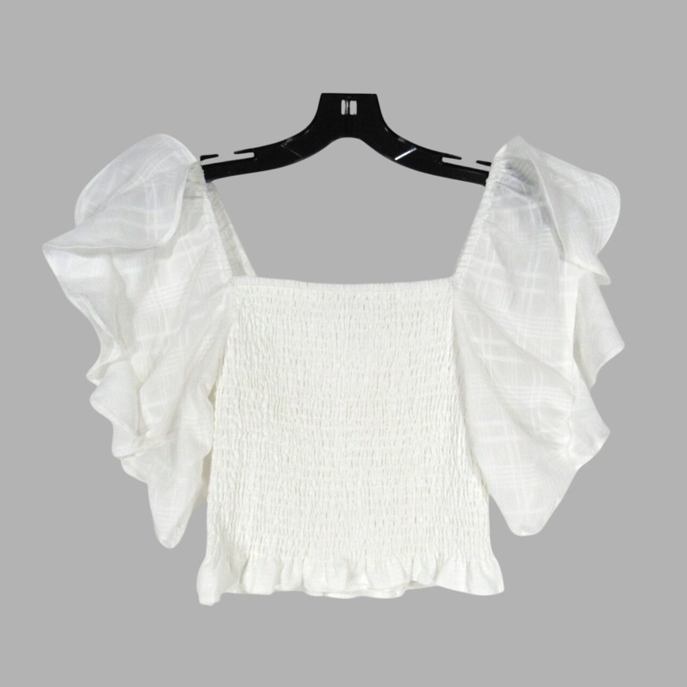 DO+BE Stretch SMOCK Semi-Sheer Plaid FLUTTER SLEEVES White CROP BLOUSE/TOP sz S